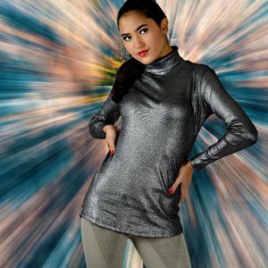 Silver Pewter Metallic Turtleneck Knit Sweater